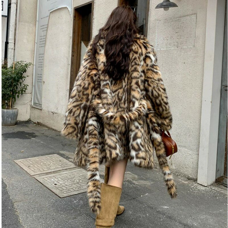 Abrigo Extra largo de piel sintética de leopardo y Animal, chaqueta holgada de manga larga, ropa de abrigo cálida, alta calidad, Invierno