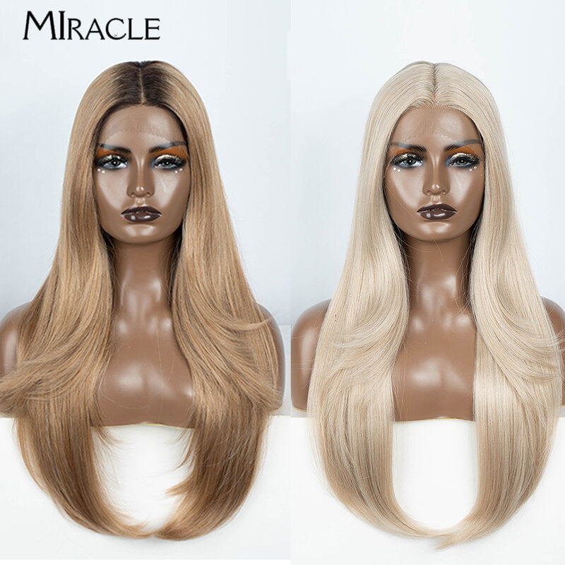 MILAGRE-peruca reta longa para mulheres, sintético, preto, gengibre, marrom, loiro, resistente ao calor, cosplay, peruca dianteira de renda
