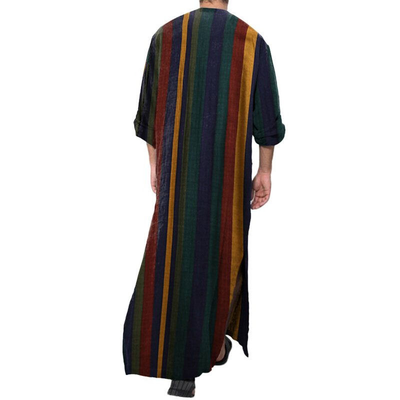 Men Muslim Jubba Thobe Patchwork Striped V Neck Long Sleeve Caftan Dubai Robe Vintage Islamic Arabic Men Kaftan Muslim Robes