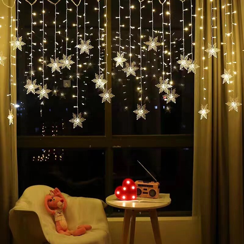 LEDスノーフレークカーテン,妖精,クリスマス,新年,家の装飾,ホリデーパーティー