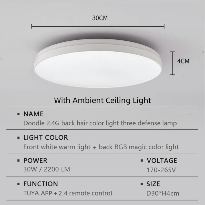 Tuya ไฟไฟติดเพดาน LED อัจฉริยะไฟแบ็คไลท์ RGB, ไฟสมาร์ทโฮมในห้องนอนควบคุมด้วยแอปหรี่แสงได้
