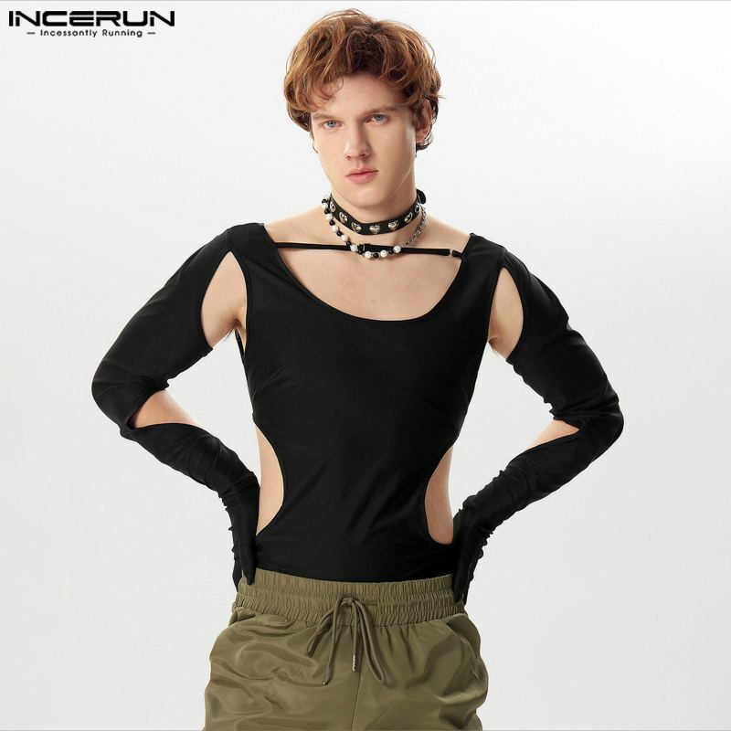 Men Bodysuits Solid Color O-neck Long Sleeve Hollow Out Sexy Streetwear Male Rompers Fitness 2024 Fashion Bodysuit S-5XL INCERUN