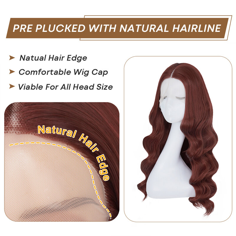 Perruques Lace Front Wig Body Wave sans colle synthétiques, brun plonger âtre, couleur auburn transparente HD, cuivre rouge, densité 180