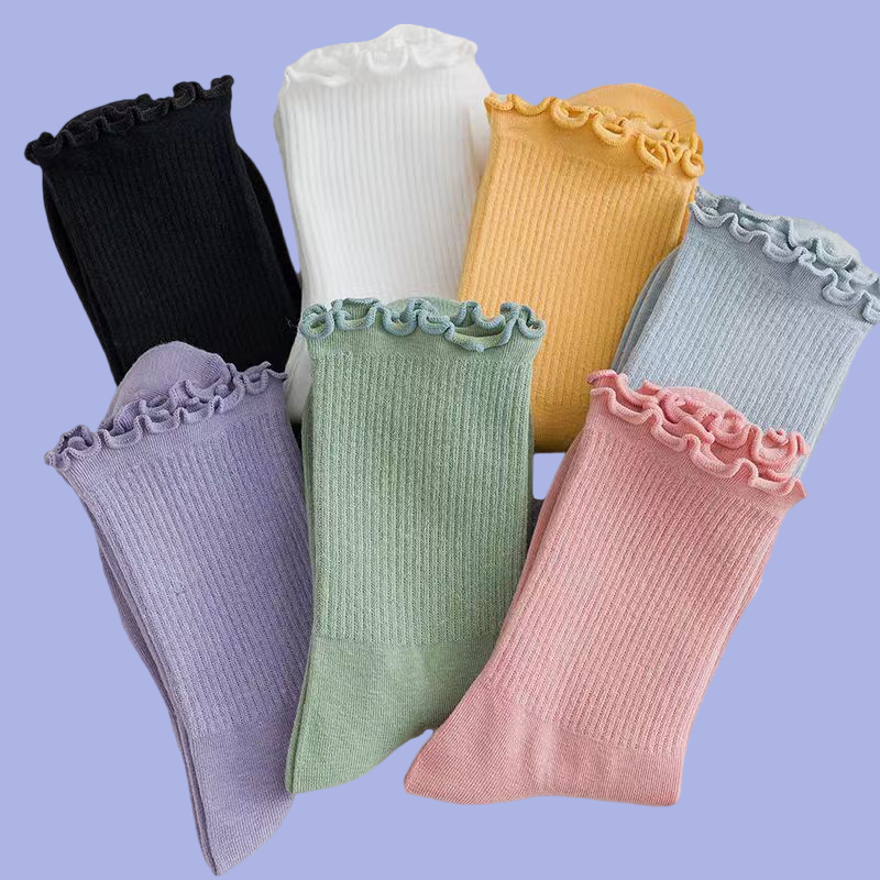 6/12 Pairs Fashion High Quality Women Ruffle Lace Cute Socks Cotton  Autumn Winter Solid Color Long Breathable Mid Tube Socks