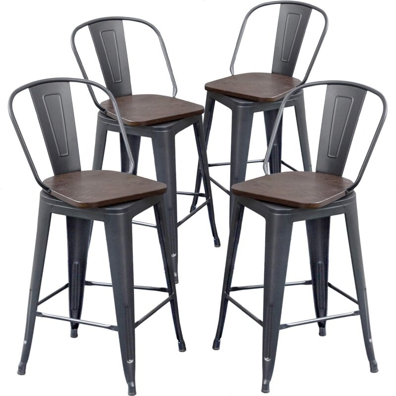 Aklaus obrotowe metalowe stołki barowe z tyłkami zestaw 4 stołków o wysokości wysokim oparciem krzesła barowe 24 Cal stołków barowych