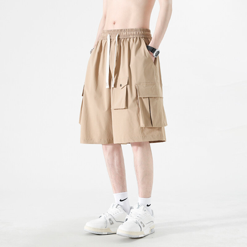 Casual Shorts Men Loose Daily Solid Summer Knee-length Multi Pockets High Street American Style All-match Male Fashion Simple