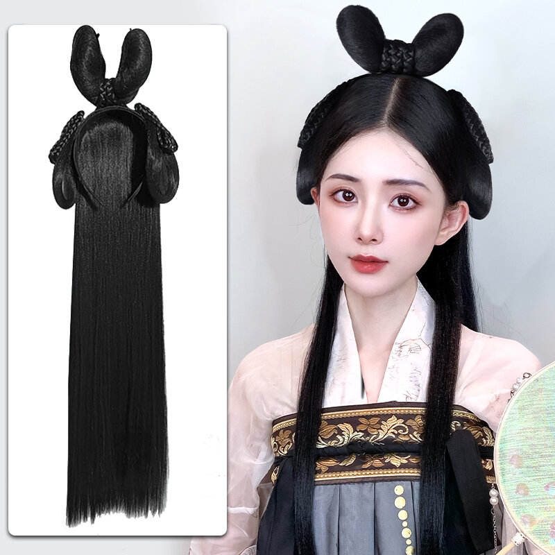 SEEANO Hanfu Perücke Stirnband Frauen Chinesischen Stil Synthetische Haar Stück Antike Modellierung Cos Pad Haar Zubehör Kopfschmuck Schwarz