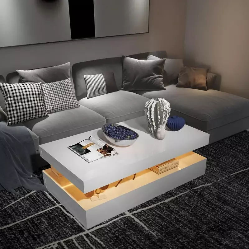 Mesa de centro branca de alto brilho com luz rgb, mesa de centro retangular com controle remoto para sala de estar