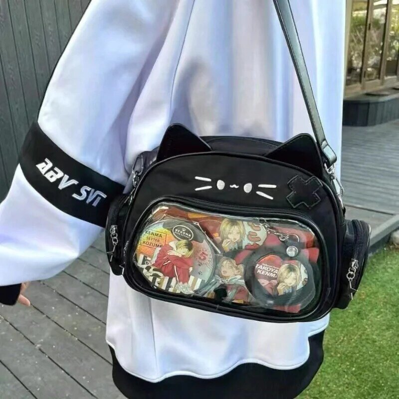 New Y2K Korean Kawaii Cat Ita Bag Cute PU Shoulder Bag Girls Transparent Pocket Harajuku Crossbody Bag Women's Fashion Backpacks