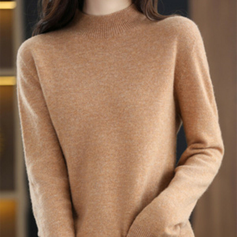 Pół wysoka jednolita kolor kaszmirowy sweter dla kobiet luźny sweter jesienno-zimowy zakontraktowany podmiejski proste dzianiny Top Base
