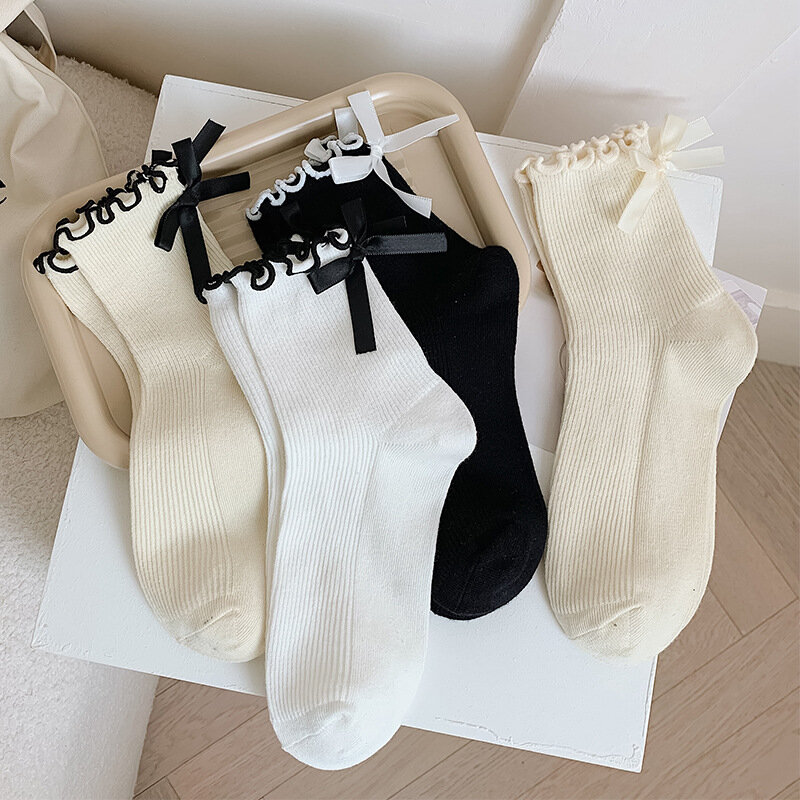 Women's White Bow Girls Socks Spring and Autumn Sweet Knitted Cotton Female Socks Harajuku Fashion Lolita Socks
