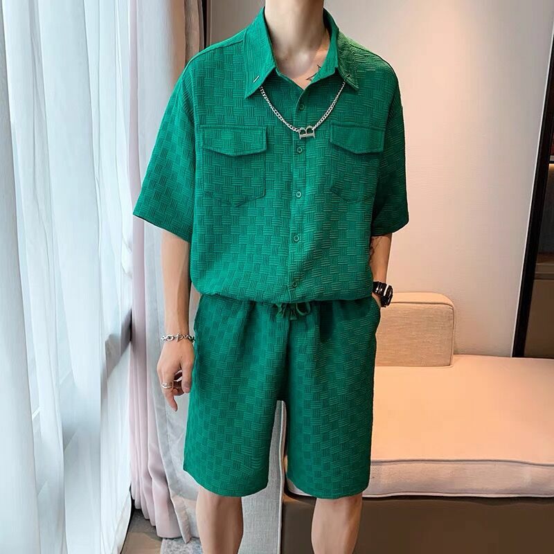Verão dos homens xadrez shorts define coréia moda manga curta camisas + shorts bonito 2 peça conjunto dos homens mosaico casual chique roupas esportivas
