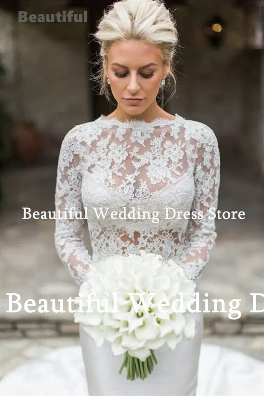 Nowa biała suknia ślubna damska z okrągłym dekoltem z długim rękawem koronkowa aplikacja syrenka satynowa do podłogi Vestidos de novia 2024 suknia ślubna
