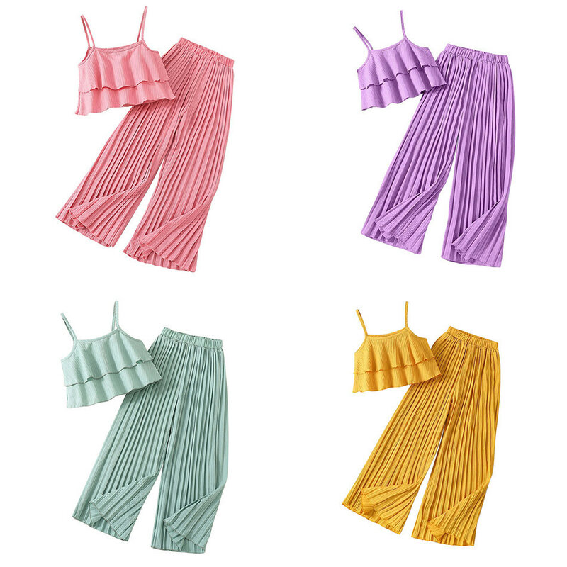 Suspensor de cor sólida feminino calça plissada e top babados, conjunto de duas peças, moda verão, 8-12Y