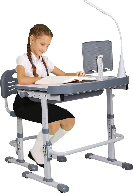 Juego de escritorio y silla para niños, mesas de escritura de estudio escolar para niños, altura ajustable, escritorio inclinable, luz LED, cajón de almacenamiento, Bo