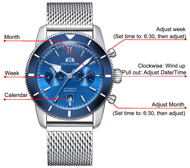 Orologio da uomo automatico a carica automatica meccanico in acciaio inossidabile nero blu pelle Super Heritage Big Face 46mm Ocean Watch