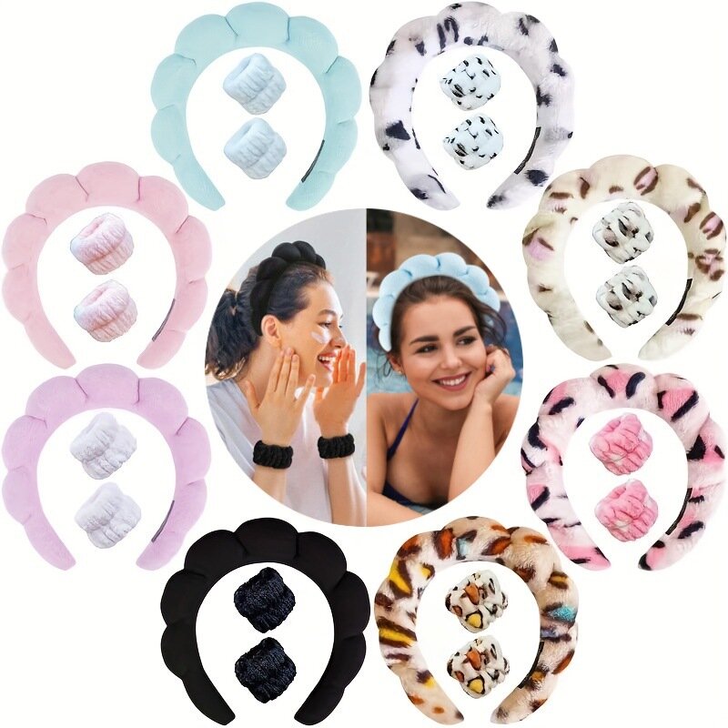 Sponge Spa Headband with Wristbands for Washing Face Wide Padded Headband Skin Care Makeup Removal Shower for Women Girls