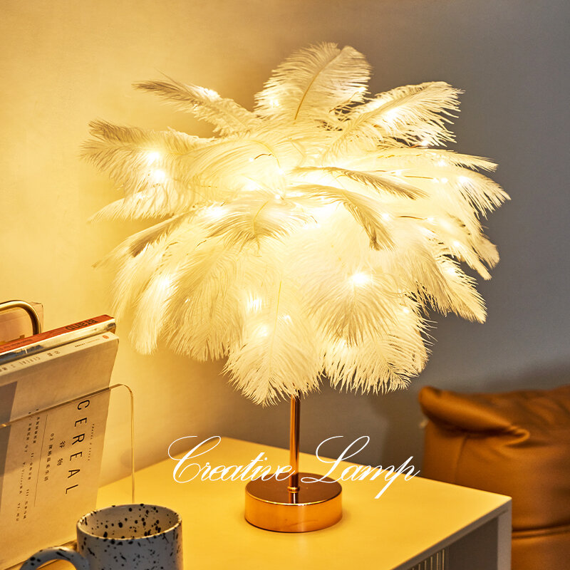 Lámpara de mesa de plumas creativa DIY, luz blanca cálida, pantalla de pluma de árbol, luces LED decorativas de boda para niña, rosa y blanco, cumpleaños