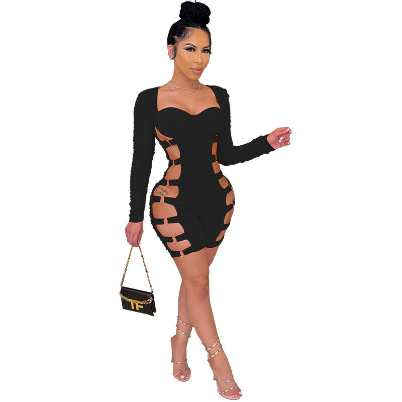New Chic Cut Out Rings Details Ruched Romper Skinny Padded Women Tights Fitness Biker Shorts Jumpsuits Workout Overalls Clubwear