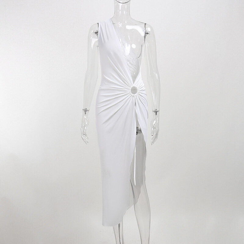 Vestido Midi de verano sin mangas para mujer, traje Sexy con aberturas laterales, con un hombro al descubierto, color blanco, 2022