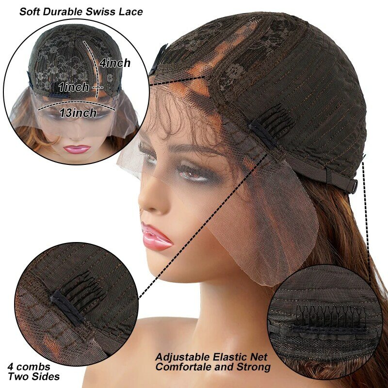 Wig rambut sintetis bagian sisi ombak longgar wig Frontal renda pirang coklat 13X1X4 wig rambut sintetis untuk wanita
