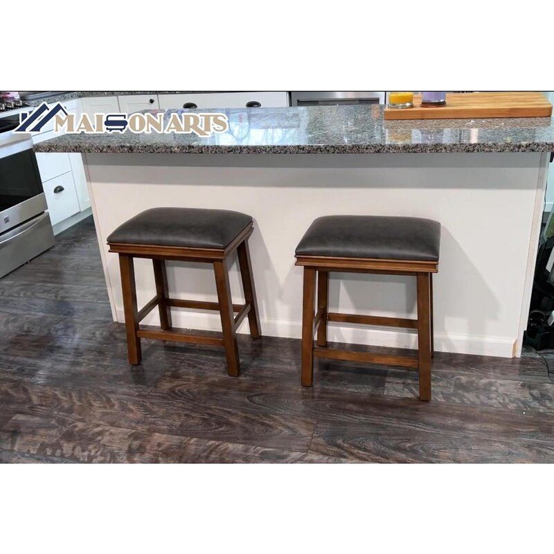 Серый барный стеллаж высотой 2 стола для кухонного стола, дужки из массива дерева с подкладкой из искусственной кожи, стул для фермерского дома