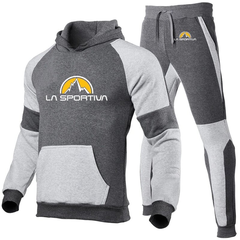 La Sportiva 남성용 로고 프린트 운동복, 인기 있는 면 후드 및 스웻팬츠 하이 퀄리티 패치워크 세트, 2024 용수철 가을