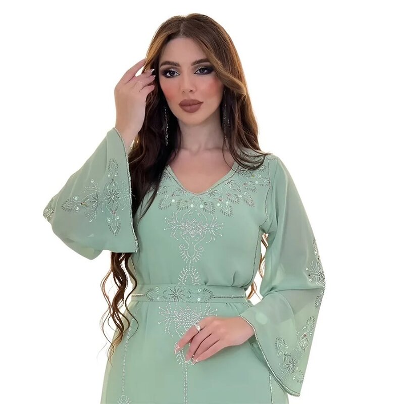 Vestido de diamante Kaftan Chiffon para mulheres, Eid, vestido de festa Marrocos, Muslim Abaya, Ramadan, Dubai, Turquia Robe, 2024