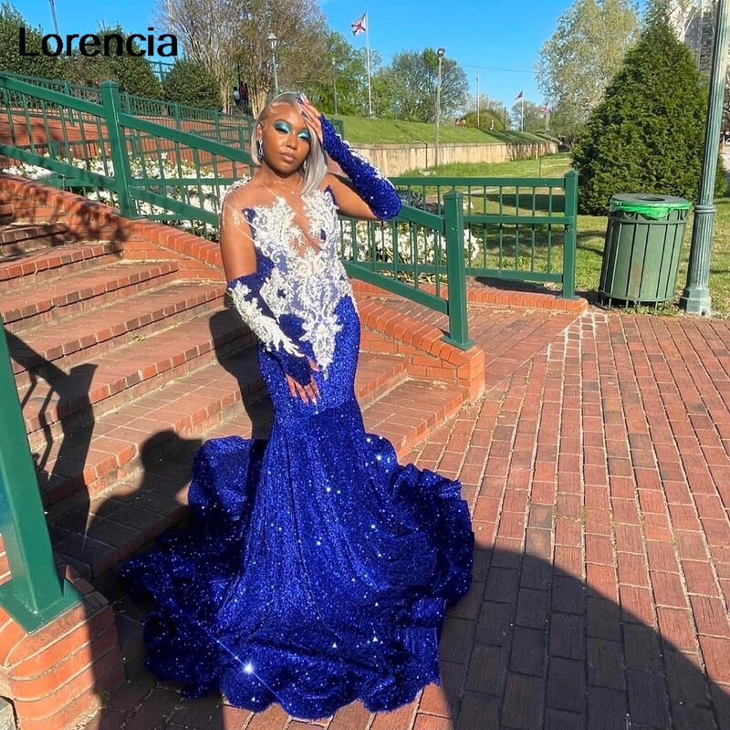 Lorencia Sparkly Royal Blue Sequins Prom Dress Black Girls Silver Crystals Rhinestones Beaded Birthday Party Gala Gowns YPD136