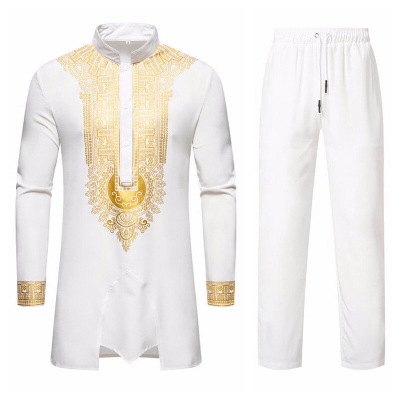 Men's Long Sleeve Shirt Set Casual African Dresses Clothes Slit Mid-Length National Style Standing Collar Top Pant Two Piece Set