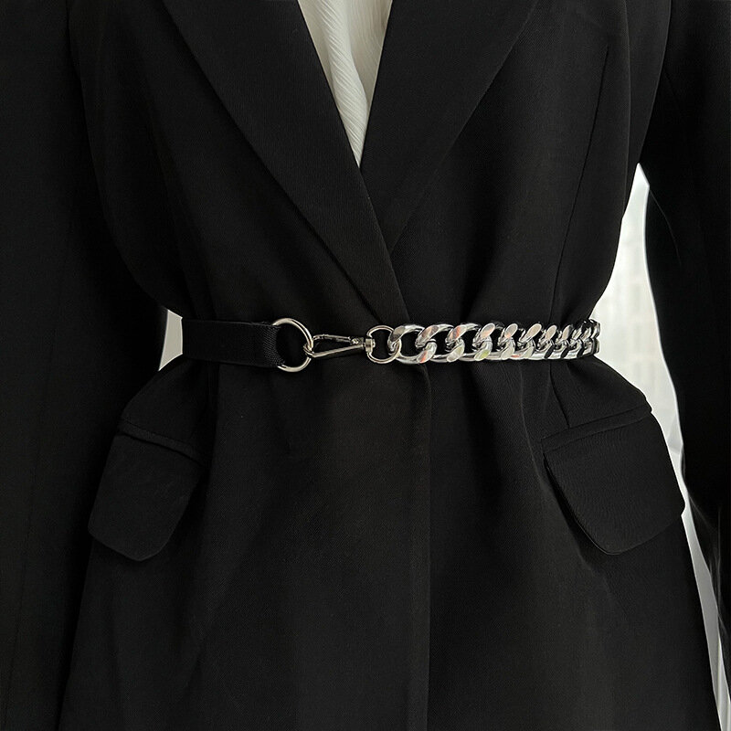 Cinturón de cadena dorada para mujer, faja elástica de Metal plateado, alta calidad