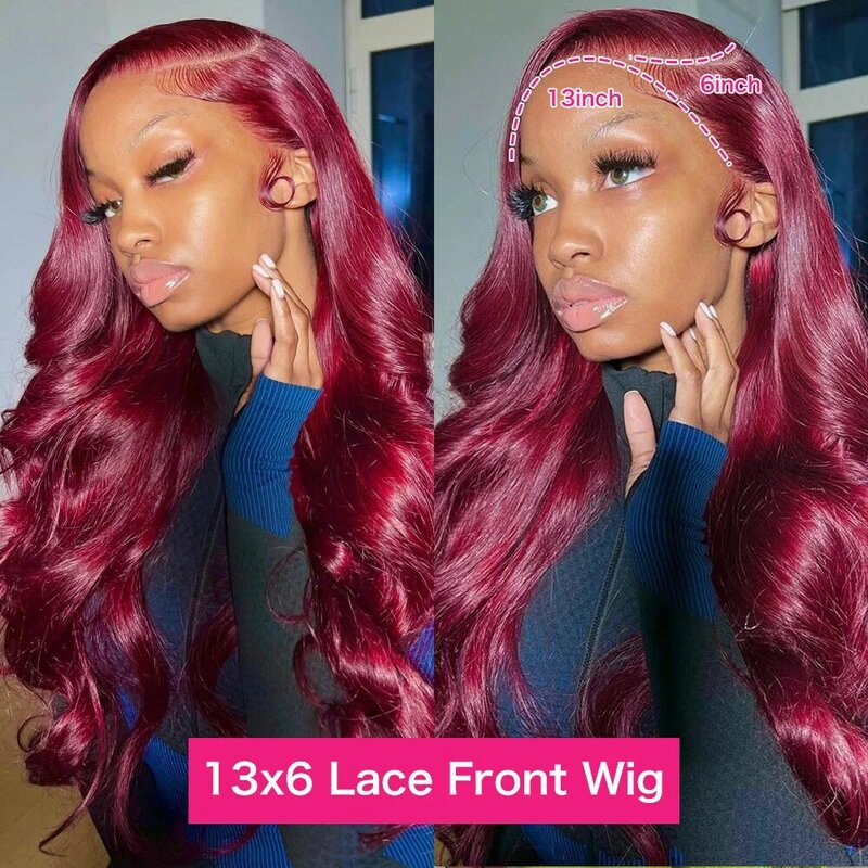 Borgonha Body Wave Lace Front Wig para mulheres, cabelo humano, renda transparente HD, 13x6, vermelho, cabelo brasileiro, 99J