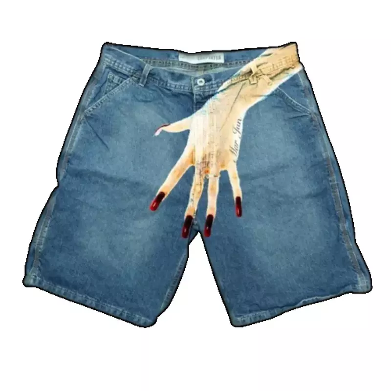 Shorts jeans de hip-hop europeus e americanos, dedo impresso personalizado Y2K, shorts soltos azuis, roupas de rua de basquete