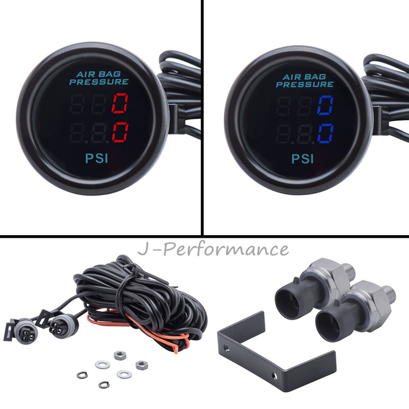 Gratis Pengiriman 52Mm Dual Display Pengukur Tekanan Udara PSI untuk Suspensi Udara LED Merah & Biru dengan 2 Buah Sensor NPT 1/8 5Meter Kawat