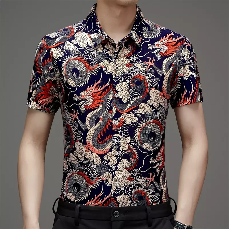 Kemeja lengan pendek motif naga, kaus sutra es musim panas lengan pendek dengan pola naga, gaya Cina trendi, longgar dan serbaguna untuk pria