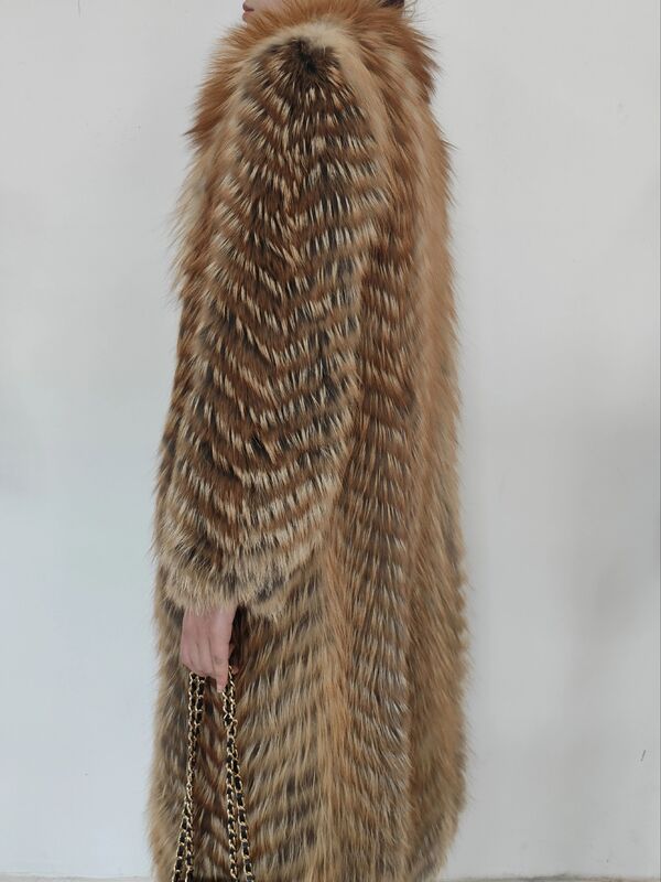 Kurtka zimowa kamizelka luksusowe długie futrzane futro 100% naturalne prawdziwy lis futrzany płaszcz dla kobiet ciepłe ubrania dla kobiet z okrągłym dekoltem