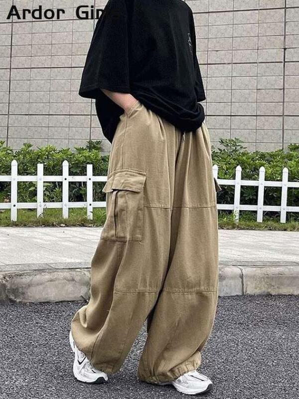 Pantalon cargo surdimensionné pour femme, jambe large droite, pantalon femme, grandes poches, mode hip hop, streetwear Y2K, adt Harajuku
