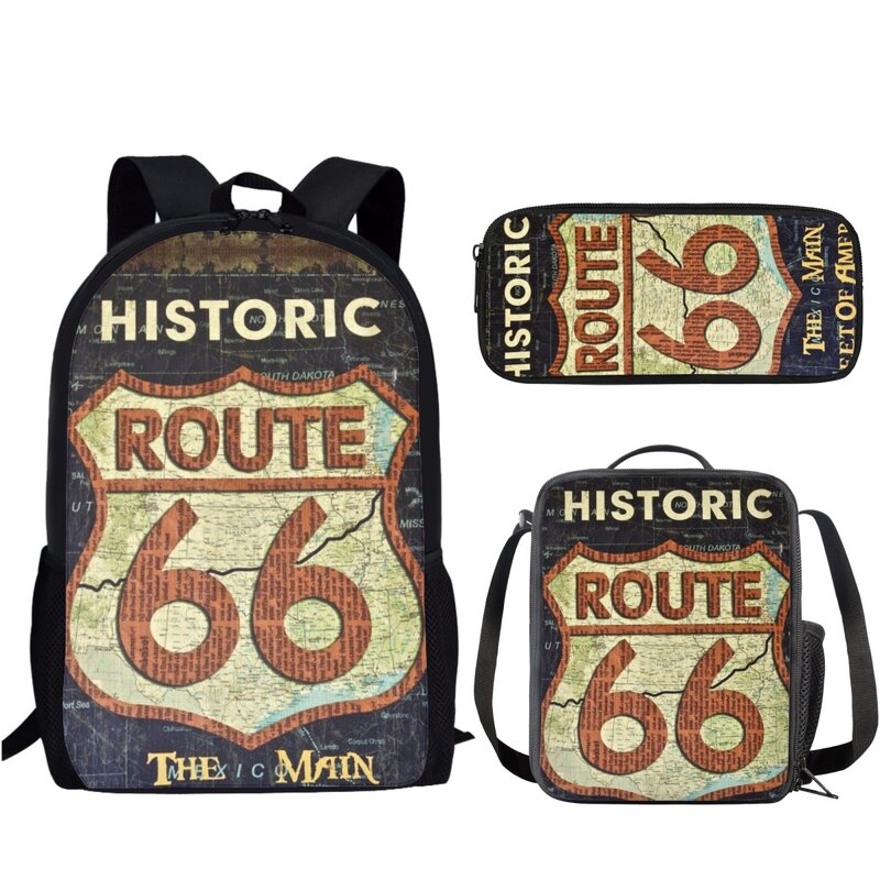 American Route 66 Print 3Pcs School Bag Set for Girls Boys Kids Student Daily Casual Storage Backpack with Lunch Bag Pencil Bag
