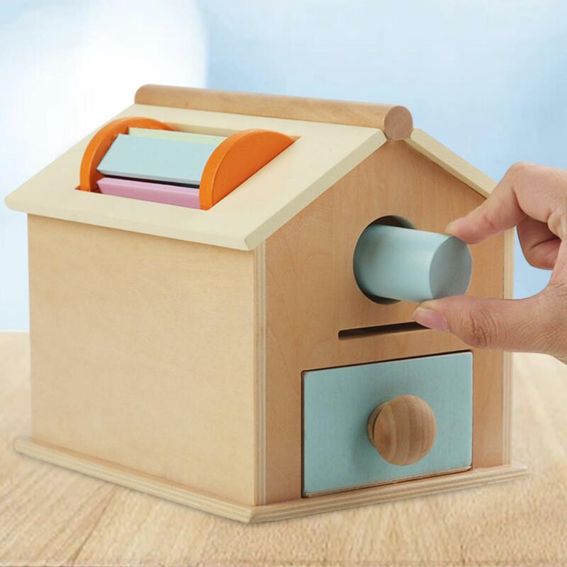 Madeira Montessori Ball Coin Drop Toy House para Bebês, Brinquedos Educativos, Objeto Permanence Box