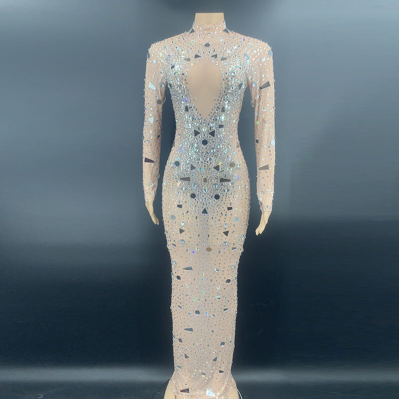 Sparkling Rhinestone Sequins Transparent Long Dress For Dinner Celebration Luxurious Attire Dancer's Wedding Party Dress Host