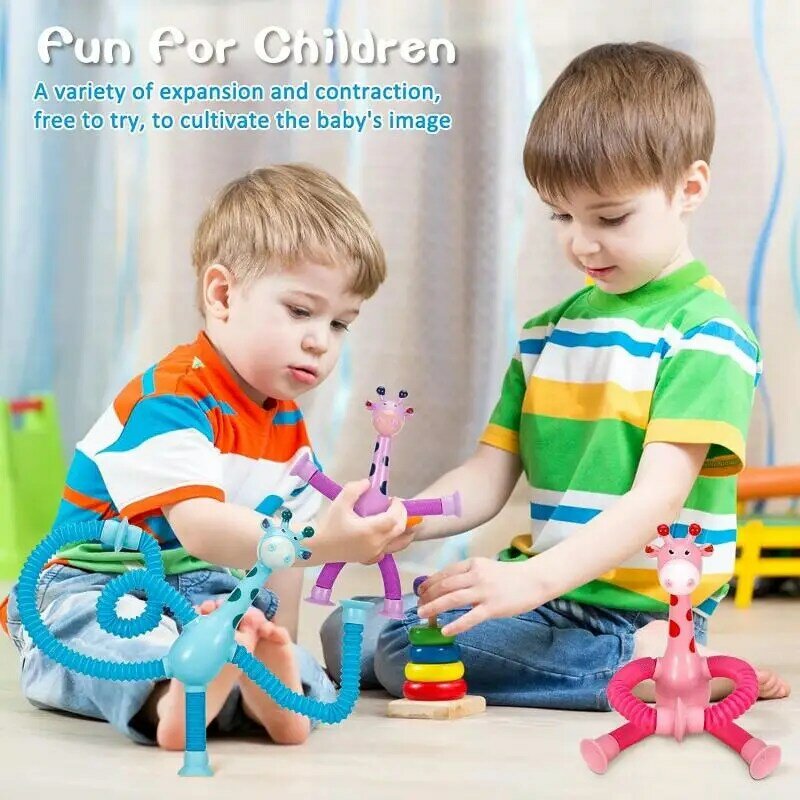 Girafa Ventosa de brinquedo para crianças, fole sensorial, Anti-Stress Squeeze Toy, luz telescópica, novo, 1Pc, 4 Pcs