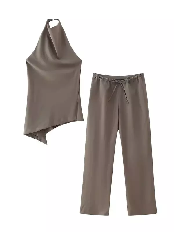 Top plissado castanho com gola alta e calças retas para mulheres, moda luxuosa, 62USD-Willshela, conjunto de 2 peças