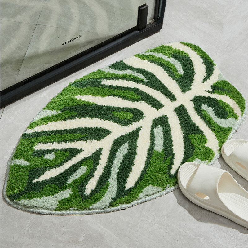 불규칙한 식물 클러스터 러그, 질경이 잎 터프티드 러그, 부드러운 플러시 흡수성, 욕실 거실 바닥 매트, 녹색 푹신한 카펫