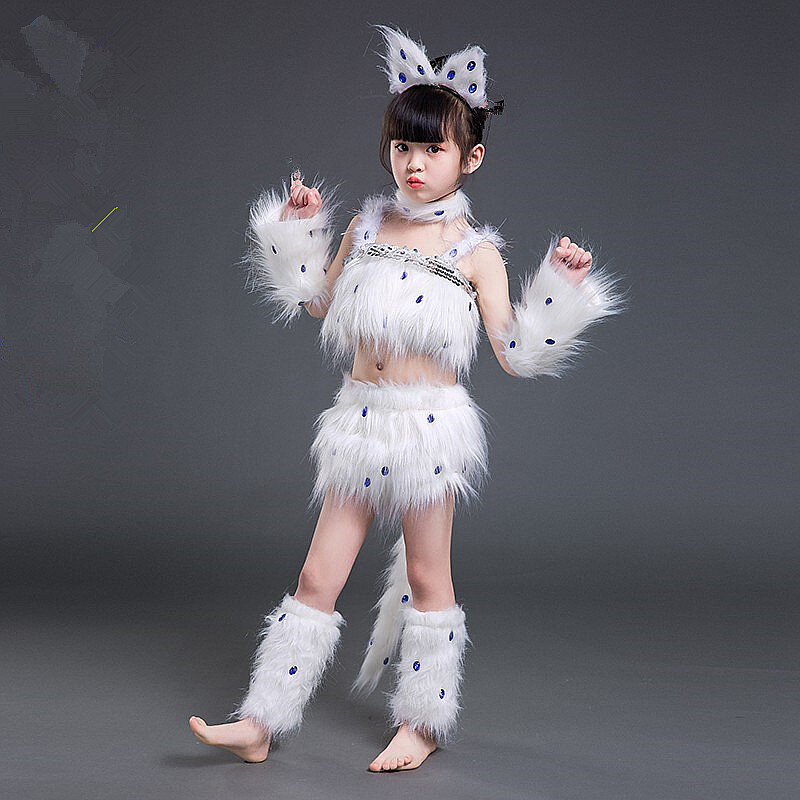 Costume de chat blanc pour filles, cosplay, renard, animal, danse, pour enfants, halloween, cosplay