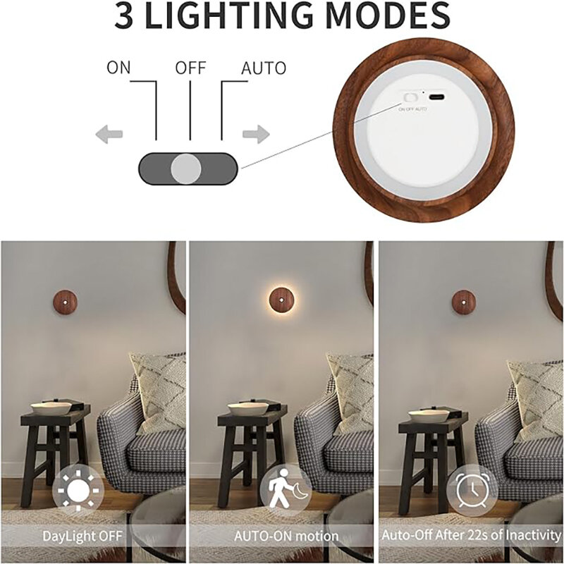Motion Sensor Night Light Wood, USB Recarregável, Stick-On Step Lights, Magnetic Wall Lights for Hallway, Bedroom, Living Room, Stair Lights