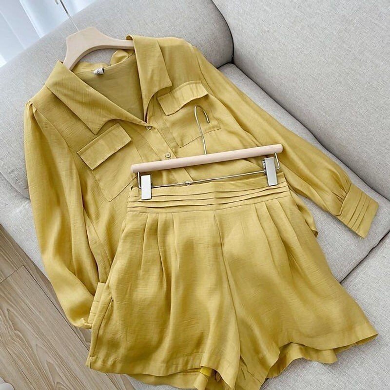 Summer Thin Short Sets Women Shirts Two Piece Sets Loose Long Sleeve Casual Office Pocket Clothing  Solid Color 2 Pieces Set