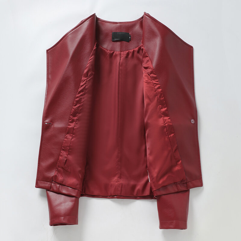 Женская короткая куртка на одной пуговице, винно-красная Осенняя приталенная куртка из натуральной кожи с отложным воротником и длинным рукавом