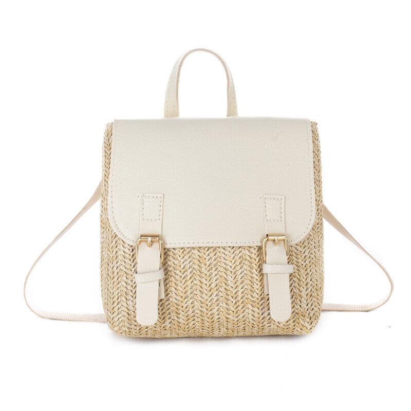 2023 New Woven Double Buckle Color Matching Small Backpack Straw Woven Backpack Trendy One Shoulder Crossbody Bag