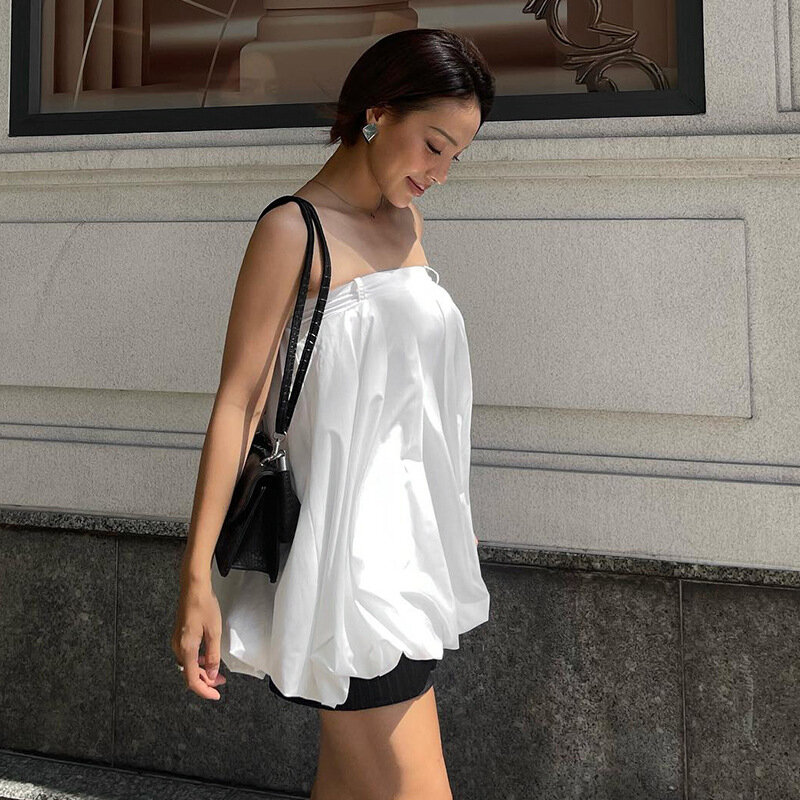 TARUXY New White Strapless Dress Women Sleeveless Loose Ruched Short Dress Backless Splice Casual Bandage Female Clothes Summer