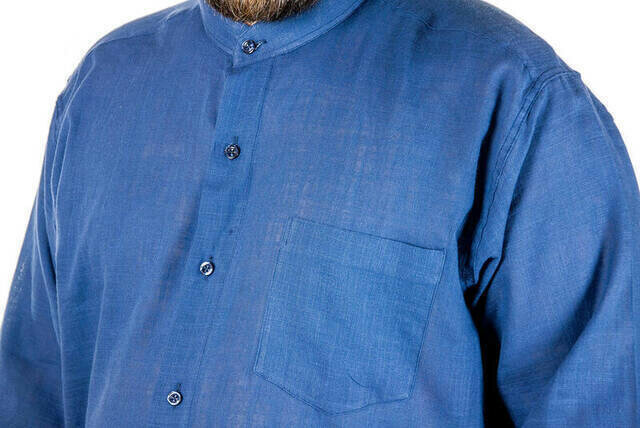 Camicia blu Navy in lino manacetli girocollo iqra